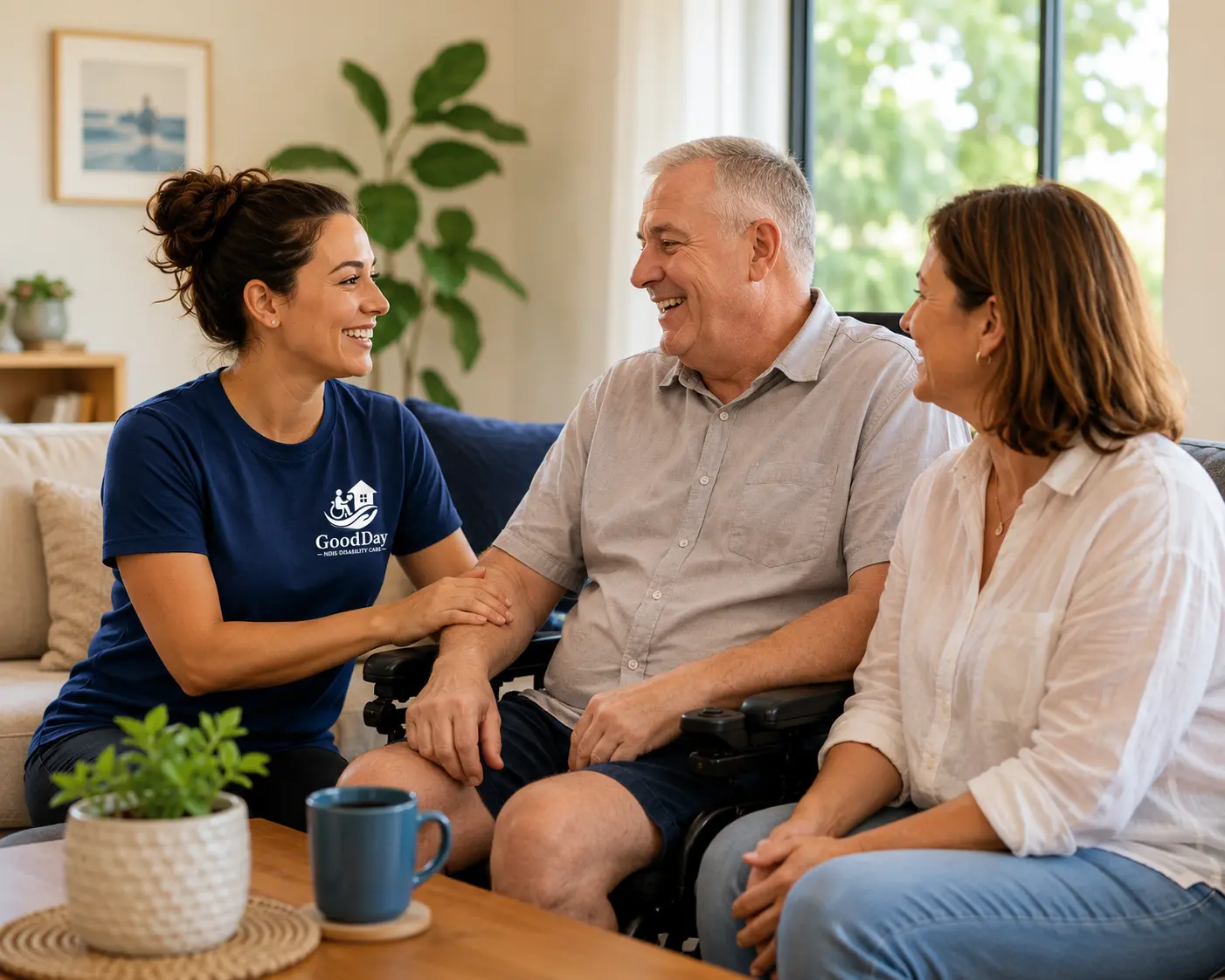A Goodday Care support worker in a branded polo chatting warmly with a man using a wheelchair and a family member in a bright living room.
