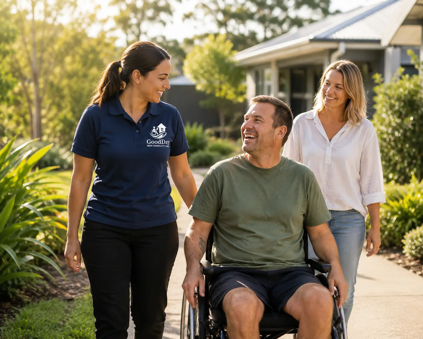 A Goodday Care support worker in a branded navy polo walking outdoors alongside a smiling man using a wheelchair and a family member in a sunny garden.